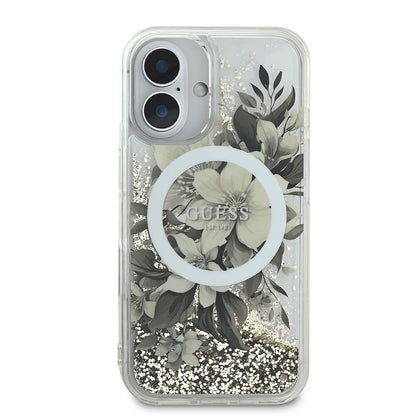 Funda MagSafe para Apple iPhone 16, Guess, Liquid Glitter Flower, Beige