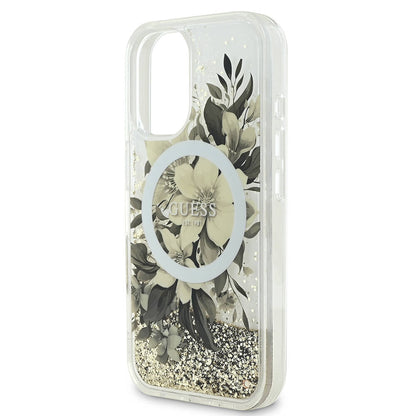 Funda MagSafe para Apple iPhone 16, Guess, Liquid Glitter Flower, Beige