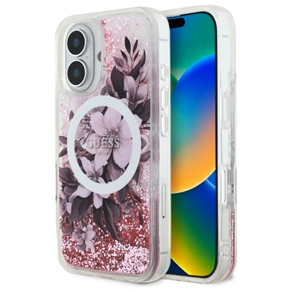 Funda MagSafe para Apple iPhone 16, Guess, Liquid Glitter Flower, Rosa