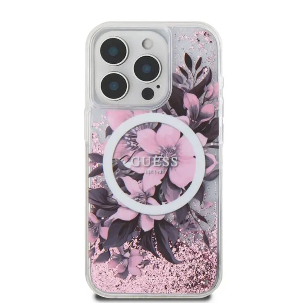 Funda MagSafe para Apple iPhone 16, Guess, Liquid Glitter Flower, Rosa