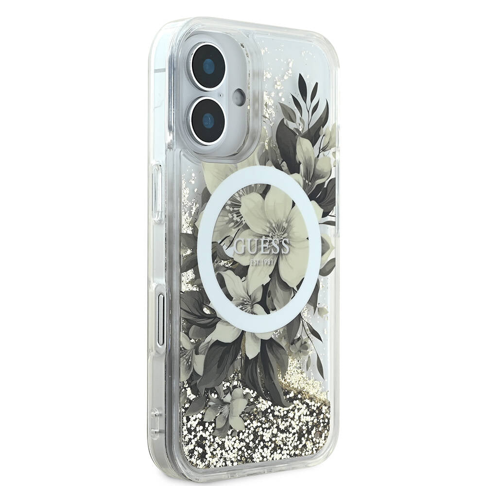 Funda MagSafe para Apple iPhone 16, Guess, Liquid Glitter Flower, Rosa