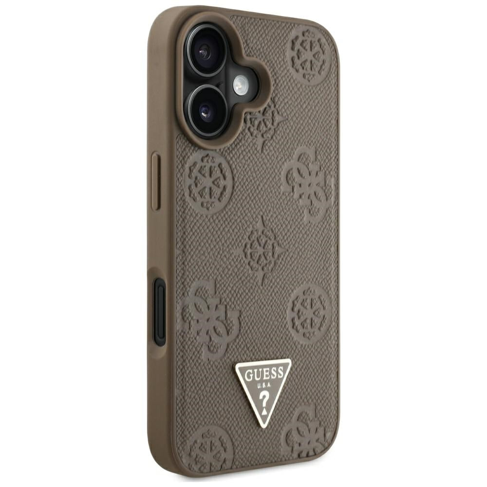 Funda MagSafe para Apple iPhone 16, Guess, Peony Grained Hot Stamp Triangle, Marrón