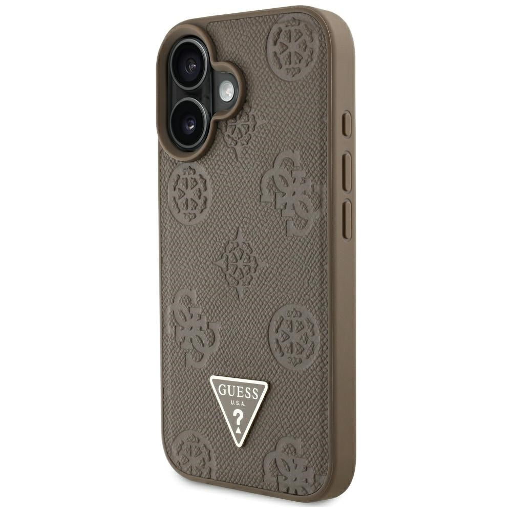 Funda MagSafe para Apple iPhone 16, Guess, Peony Grained Hot Stamp Triangle, Marrón