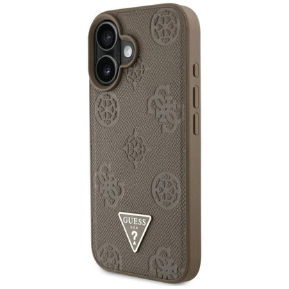 Funda MagSafe para Apple iPhone 16, Guess, Peony Grained Hot Stamp Triangle, Marrón