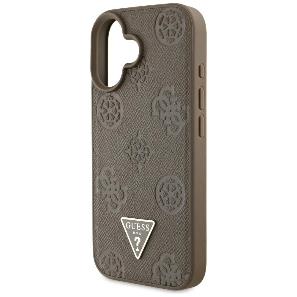 Funda MagSafe para Apple iPhone 16, Guess, Peony Grained Hot Stamp Triangle, Marrón