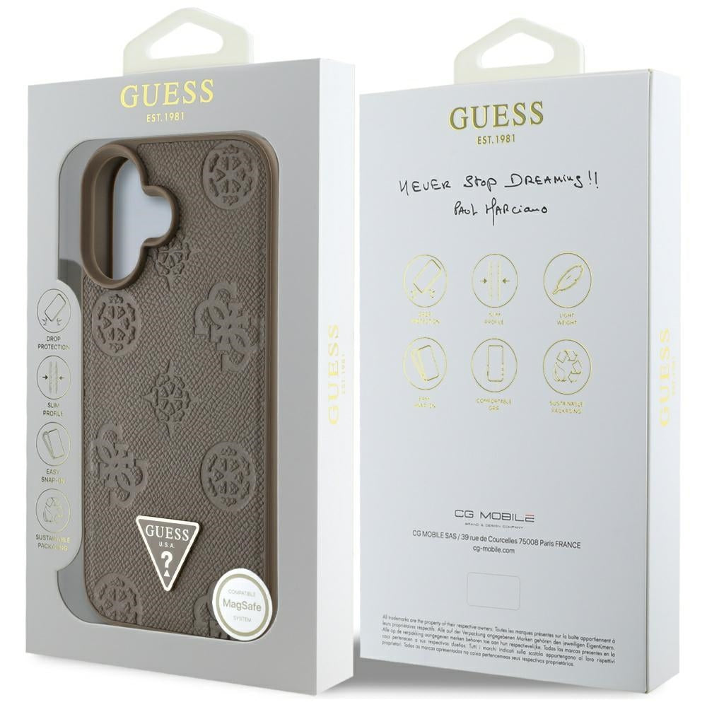 Funda MagSafe para Apple iPhone 16, Guess, Peony Grained Hot Stamp Triangle, Marrón