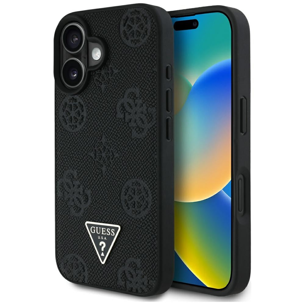 Funda MagSafe para Apple iPhone 16, Guess, Peony Grained Hot Stamp Triangle, Negra