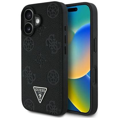 Funda MagSafe para Apple iPhone 16, Guess, Peony Grained Hot Stamp Triangle, Negra