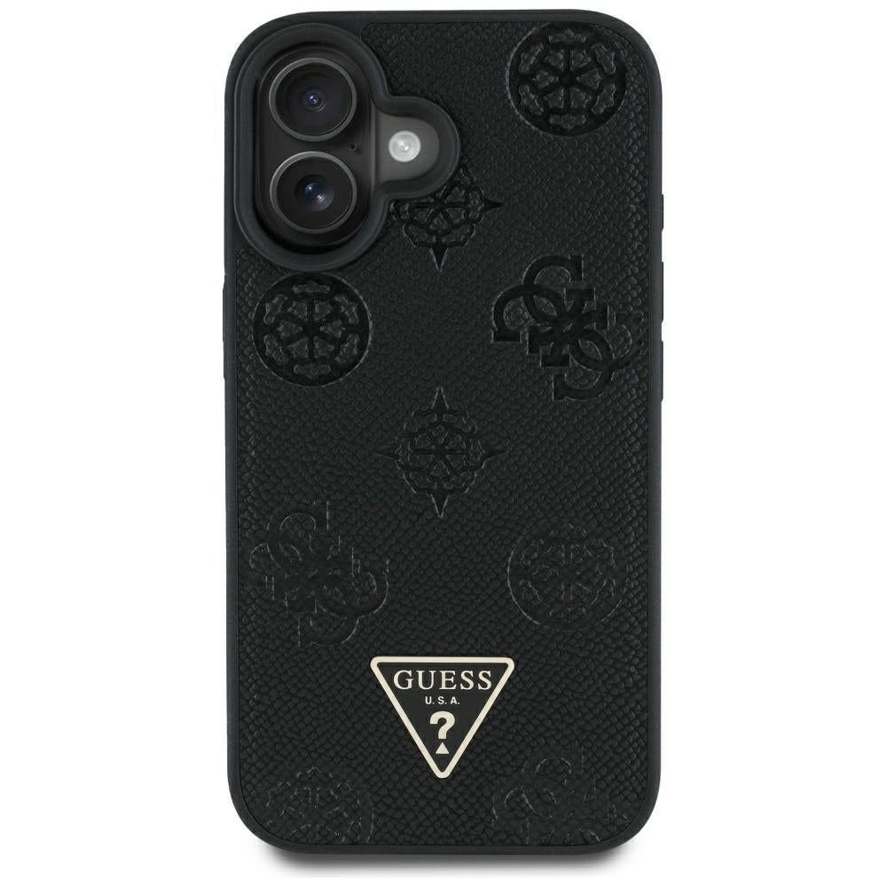 Funda MagSafe para Apple iPhone 16, Guess, Peony Grained Hot Stamp Triangle, Negra