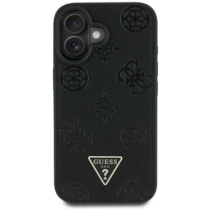 Funda MagSafe para Apple iPhone 16, Guess, Peony Grained Hot Stamp Triangle, Negra