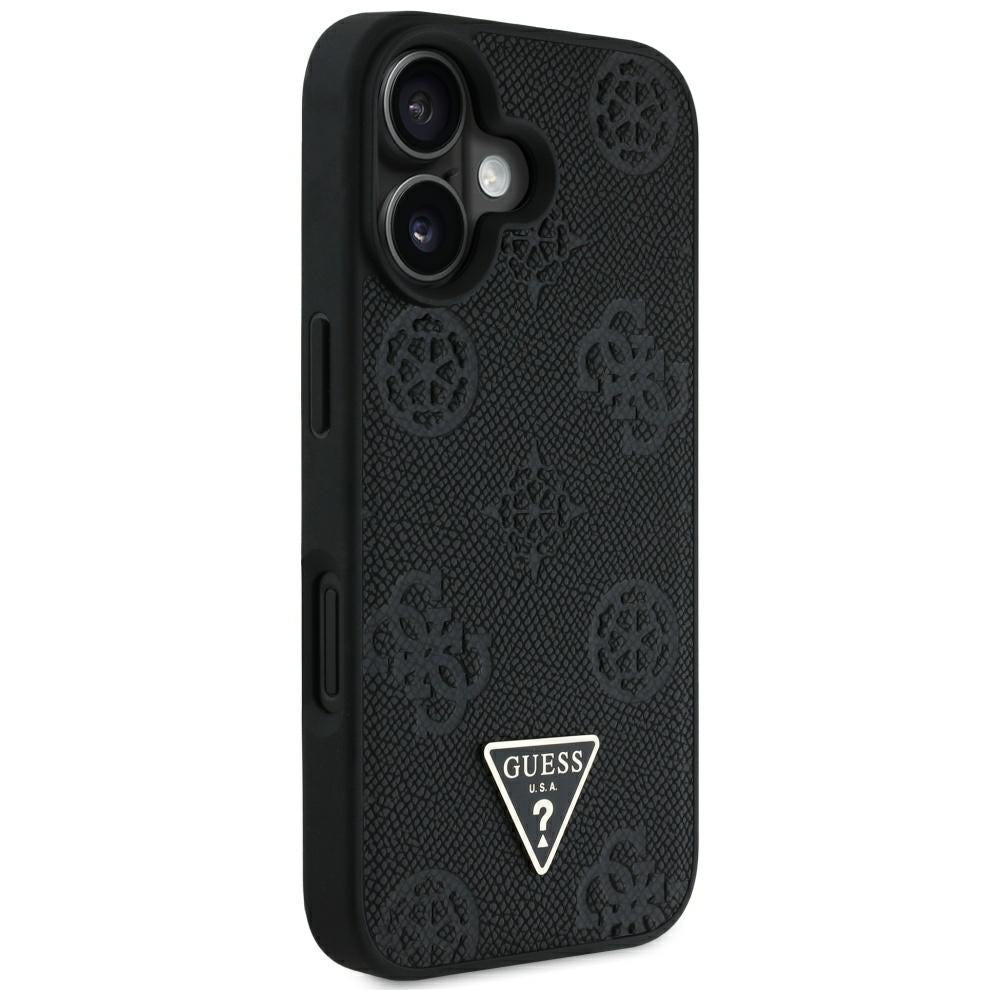Funda MagSafe para Apple iPhone 16, Guess, Peony Grained Hot Stamp Triangle, Negra