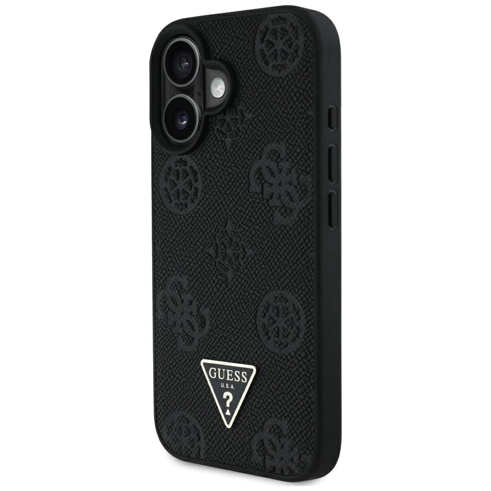 Funda MagSafe para Apple iPhone 16, Guess, Peony Grained Hot Stamp Triangle, Negra