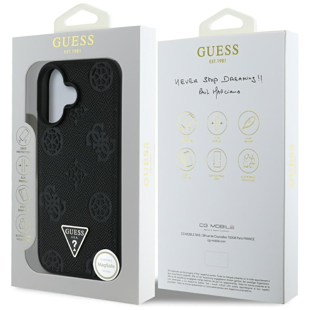 Funda MagSafe para Apple iPhone 16, Guess, Peony Grained Hot Stamp Triangle, Negra