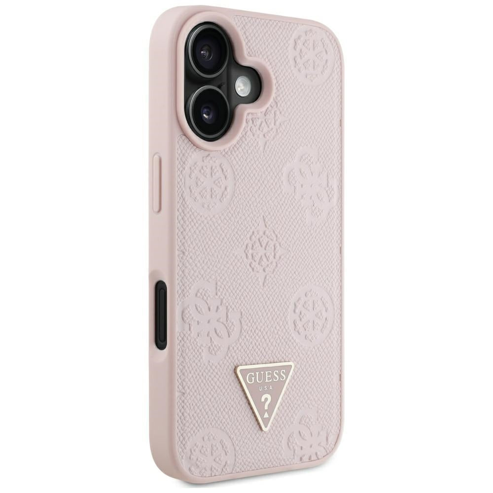 Funda MagSafe para Apple iPhone 16, Guess, Peony Grained Hot Stamp Triangle, Rosa