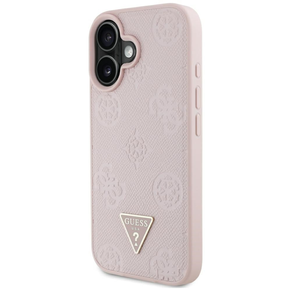 Funda MagSafe para Apple iPhone 16, Guess, Peony Grained Hot Stamp Triangle, Rosa