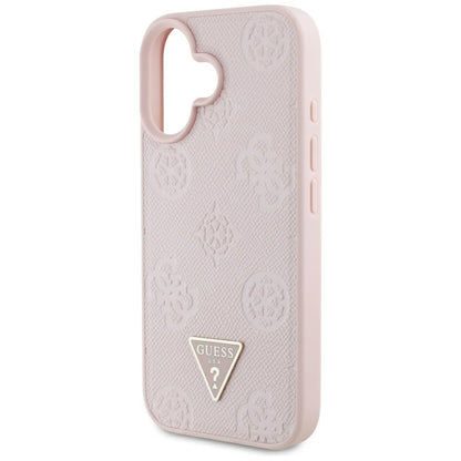Funda MagSafe para Apple iPhone 16, Guess, Peony Grained Hot Stamp Triangle, Rosa
