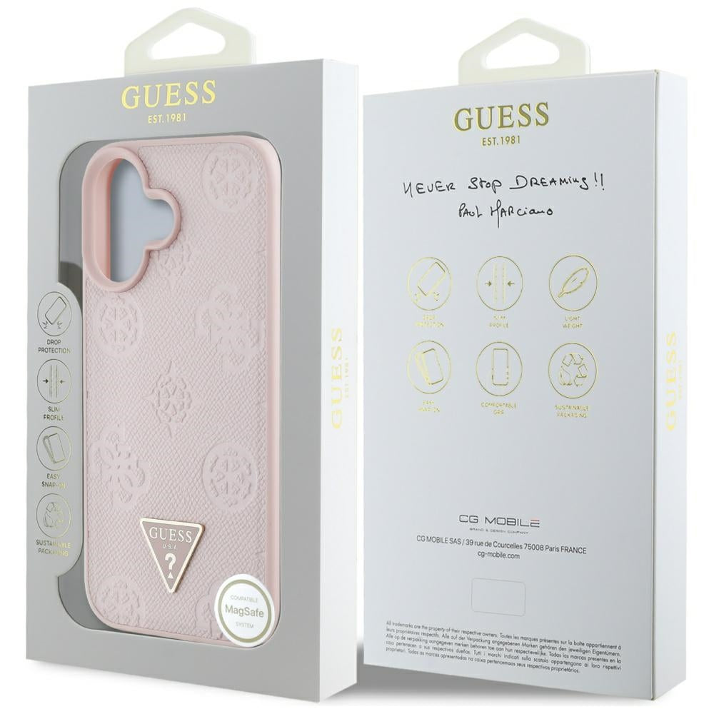 Funda MagSafe para Apple iPhone 16, Guess, Peony Grained Hot Stamp Triangle, Rosa