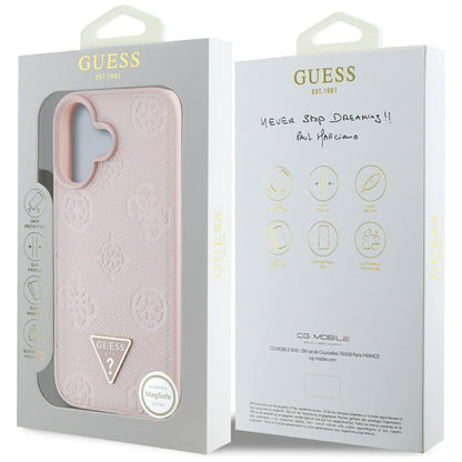 Funda MagSafe para Apple iPhone 16, Guess, Peony Grained Hot Stamp Triangle, Rosa