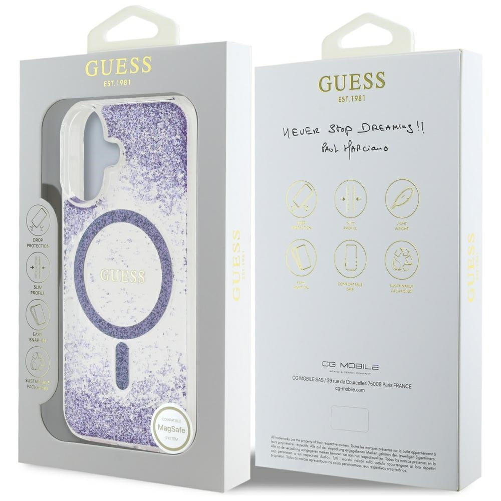 Funda MagSafe para Apple iPhone 16, Guess, Resin Bottom Glitter, Morado