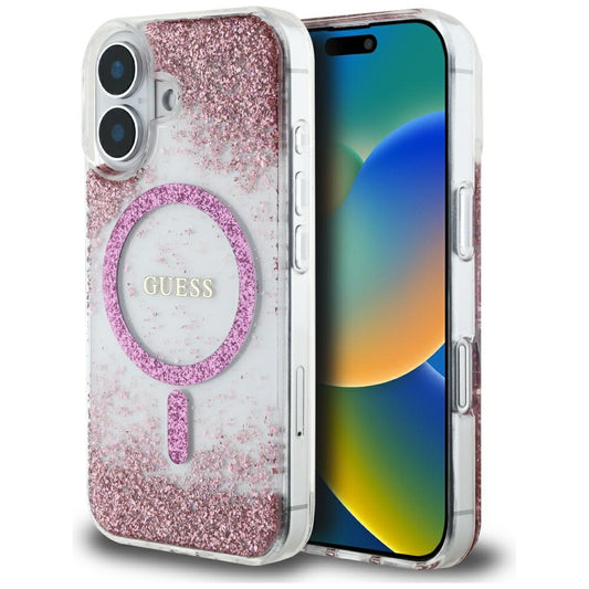 Funda MagSafe para Apple iPhone 16, Guess, Resin Bottom Glitter, Rosa