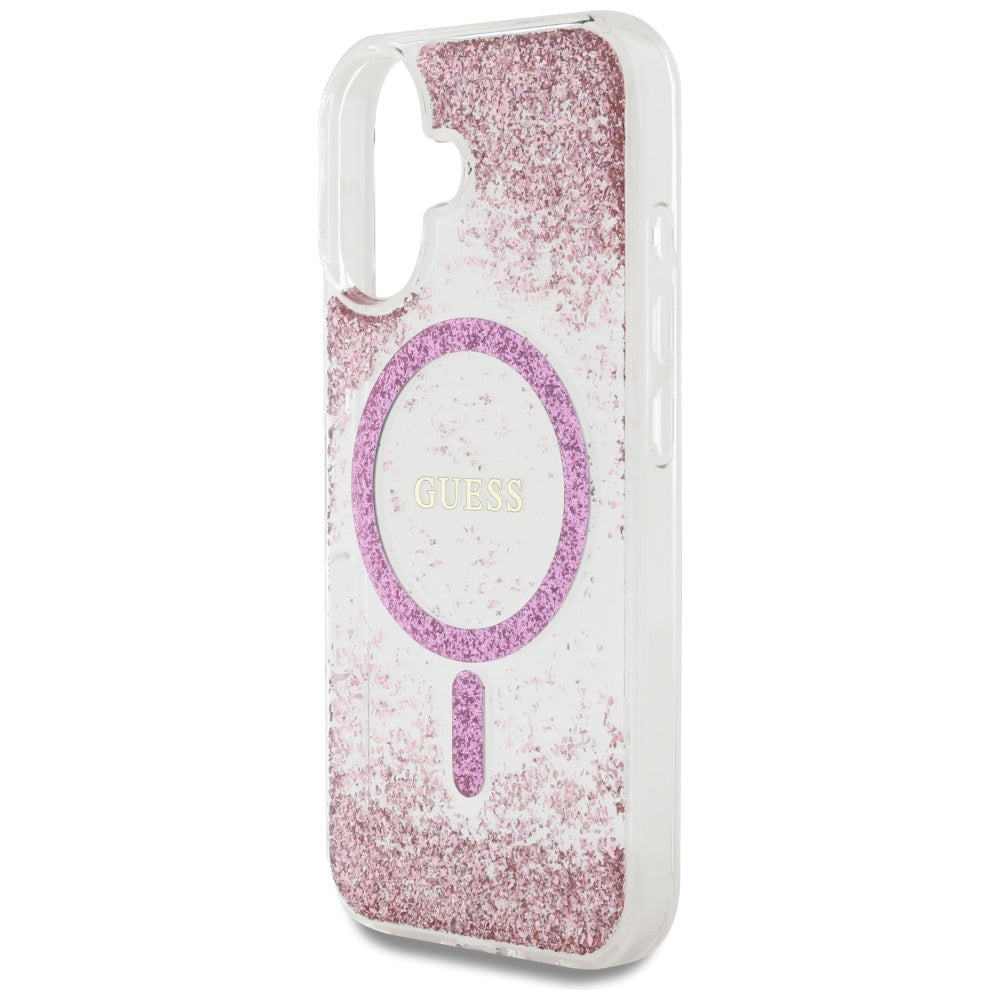 Funda MagSafe para Apple iPhone 16, Guess, Resin Bottom Glitter, Rosa