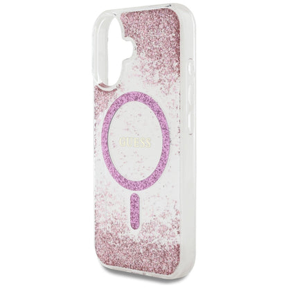 Funda MagSafe para Apple iPhone 16, Guess, Resin Bottom Glitter, Rosa