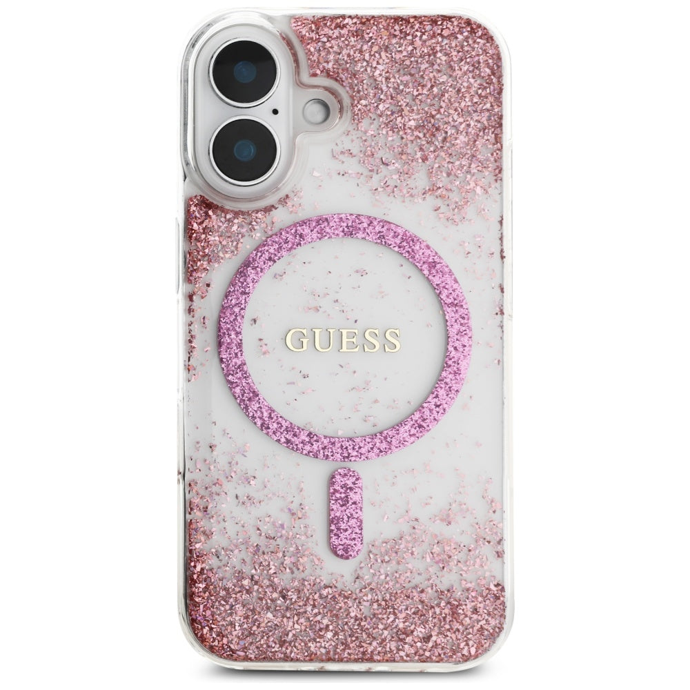 Funda MagSafe para Apple iPhone 16, Guess, Resin Bottom Glitter, Rosa