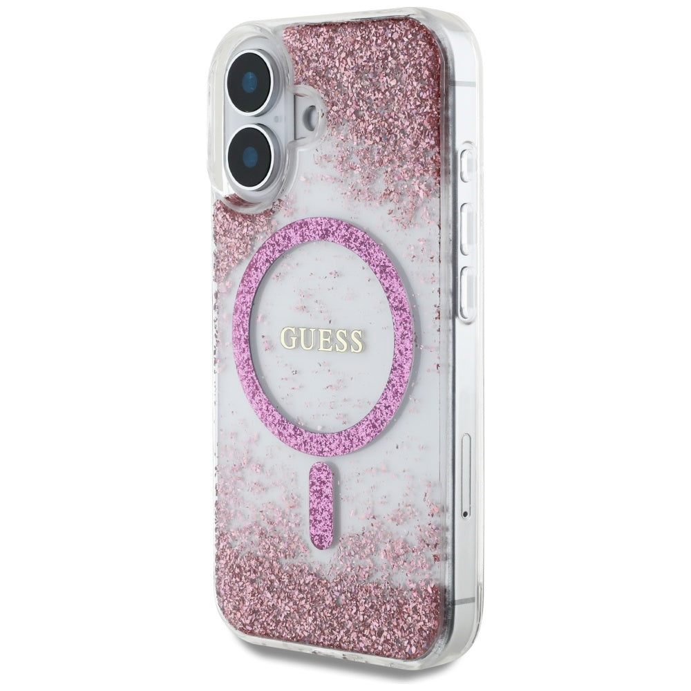 Funda MagSafe para Apple iPhone 16, Guess, Resin Bottom Glitter, Rosa