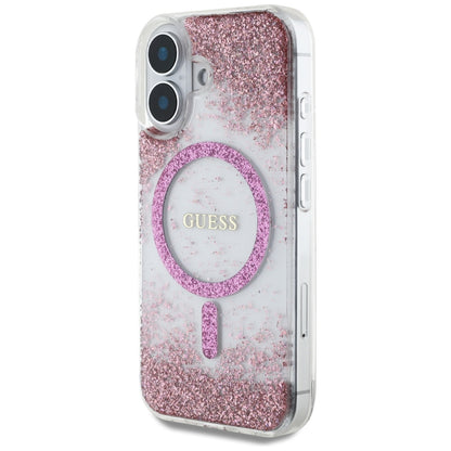 Funda MagSafe para Apple iPhone 16, Guess, Resin Bottom Glitter, Rosa