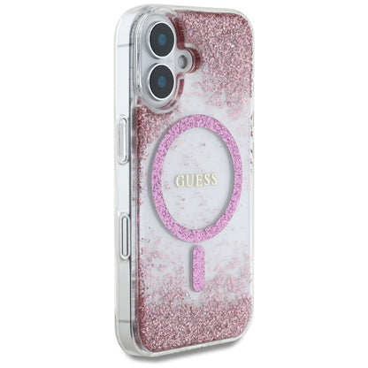 Funda MagSafe para Apple iPhone 16, Guess, Resin Bottom Glitter, Rosa