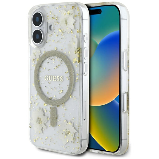 Funda MagSafe para Apple iPhone 16, Guess, Resin Flowers and Glitter, Beige