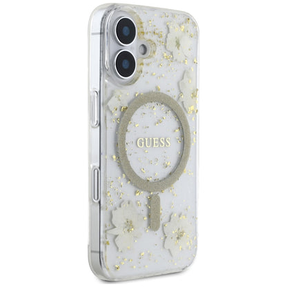 MagSafe Case for Apple iPhone 16, Guess, Resin Flowers and Glitter, Beige