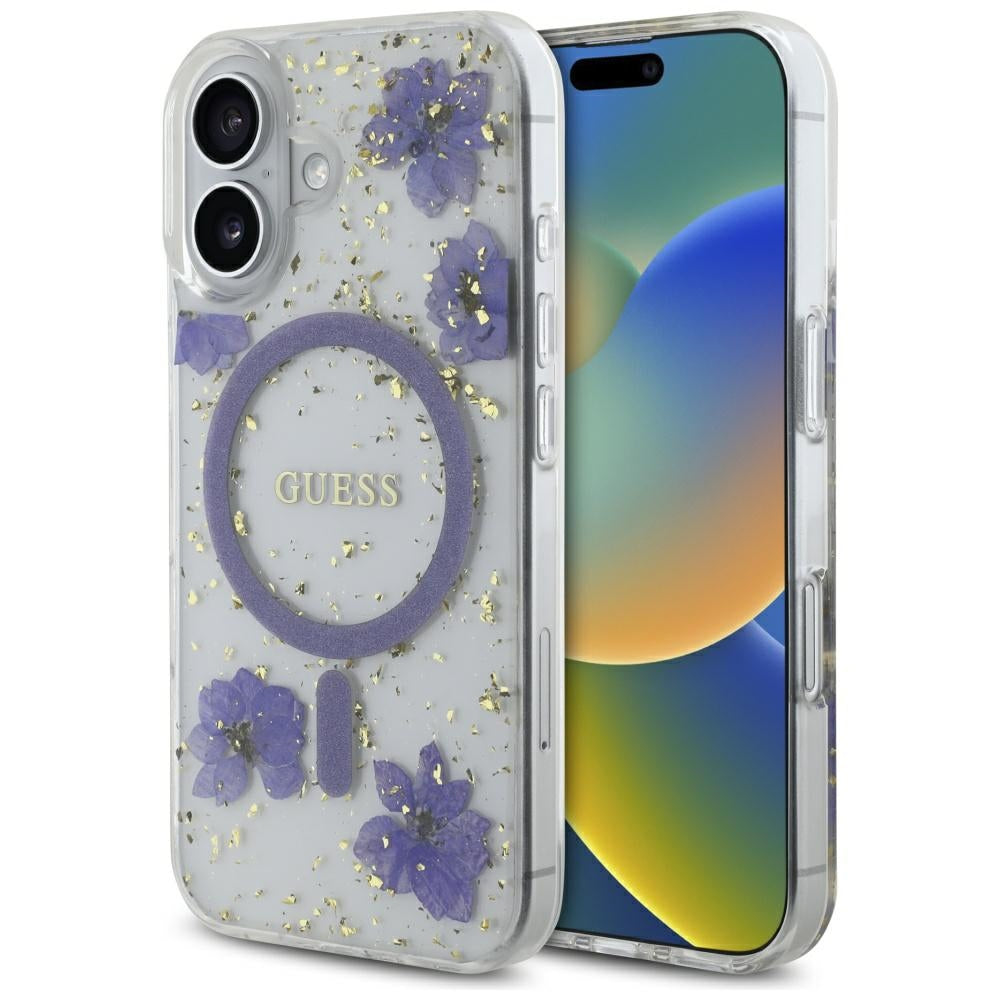 Funda MagSafe para Apple iPhone 16, Guess, Resin Flowers and Glitter, Morado