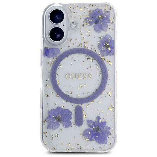 Funda MagSafe para Apple iPhone 16, Guess, Resin Flowers and Glitter, Morado