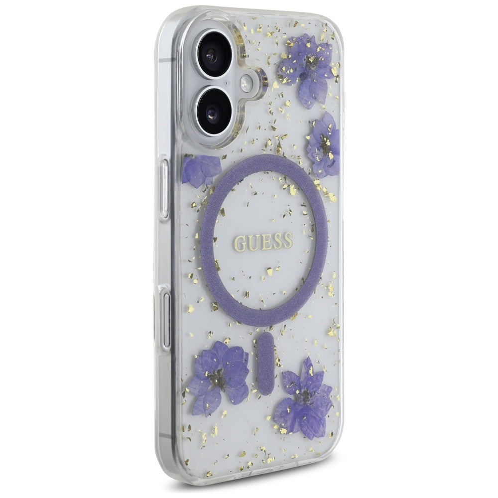 Funda MagSafe para Apple iPhone 16, Guess, Resin Flowers and Glitter, Morado