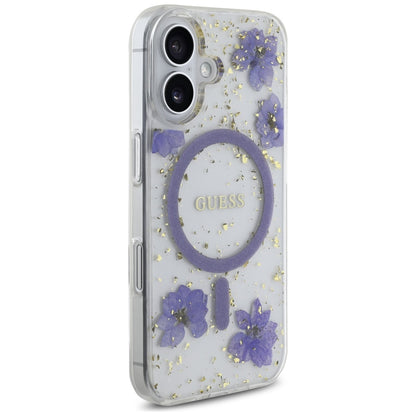 Funda MagSafe para Apple iPhone 16, Guess, Resin Flowers and Glitter, Morado