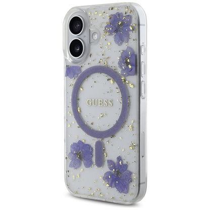 Funda MagSafe para Apple iPhone 16, Guess, Resin Flowers and Glitter, Morado