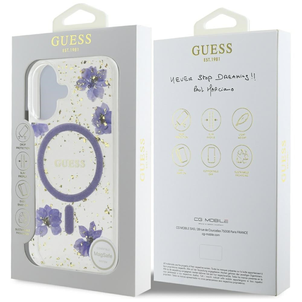 Funda MagSafe para Apple iPhone 16, Guess, Resin Flowers and Glitter, Morado