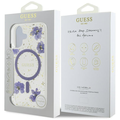 Funda MagSafe para Apple iPhone 16, Guess, Resin Flowers and Glitter, Morado