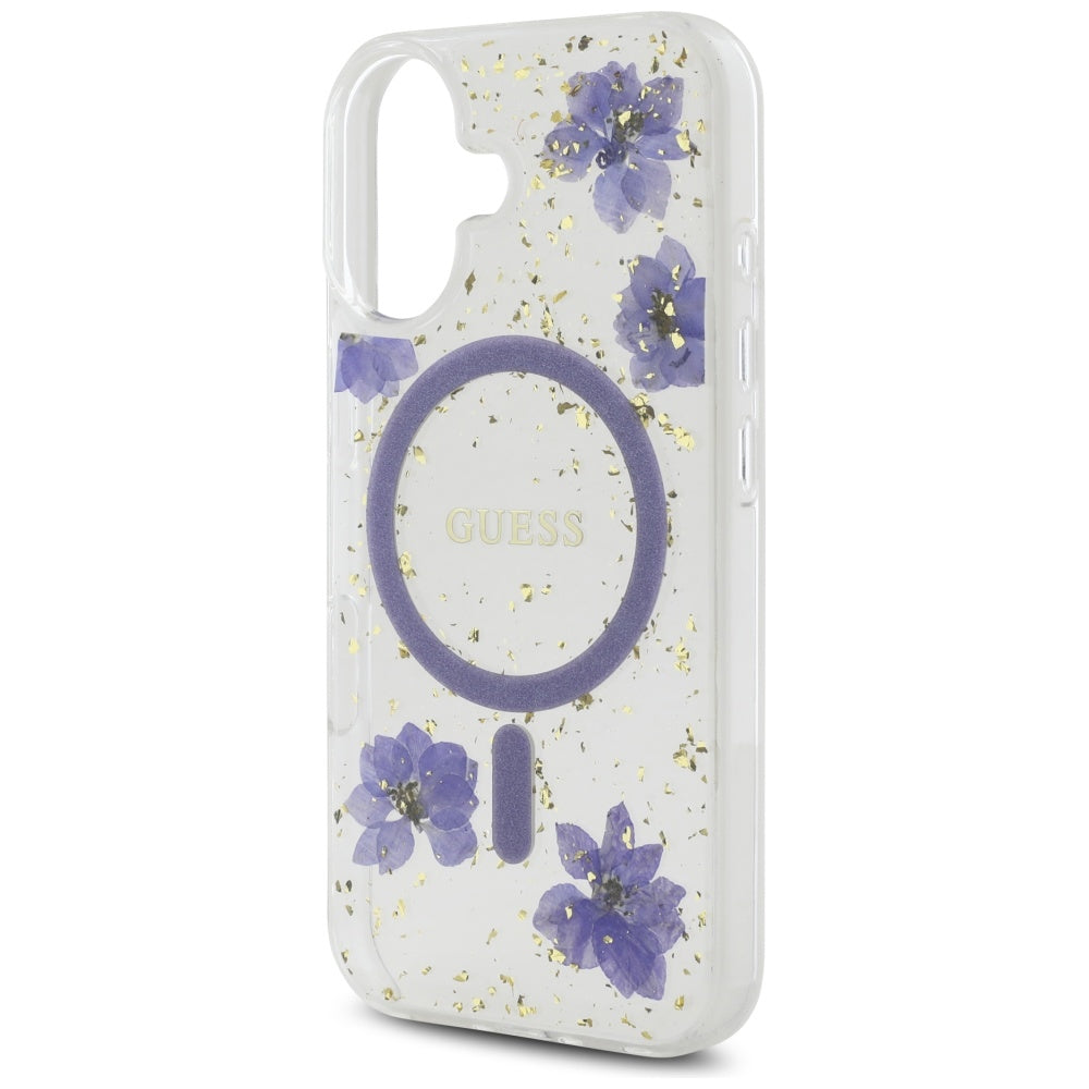 Funda MagSafe para Apple iPhone 16, Guess, Resin Flowers and Glitter, Morado