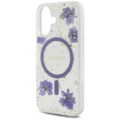 Funda MagSafe para Apple iPhone 16, Guess, Resin Flowers and Glitter, Morado