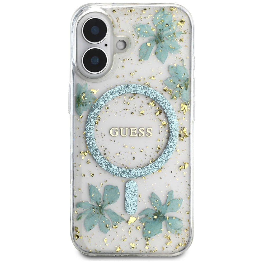 Funda MagSafe para Apple iPhone 16, Guess, Flores de Resina y Purpurina, Turquesa