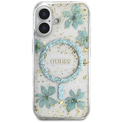 Funda MagSafe para Apple iPhone 16, Guess, Flores de Resina y Purpurina, Turquesa
