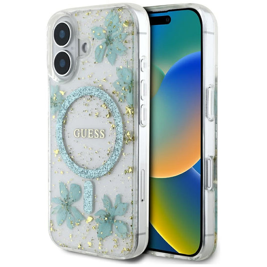 Funda MagSafe para Apple iPhone 16, Guess, Flores de Resina y Purpurina, Turquesa