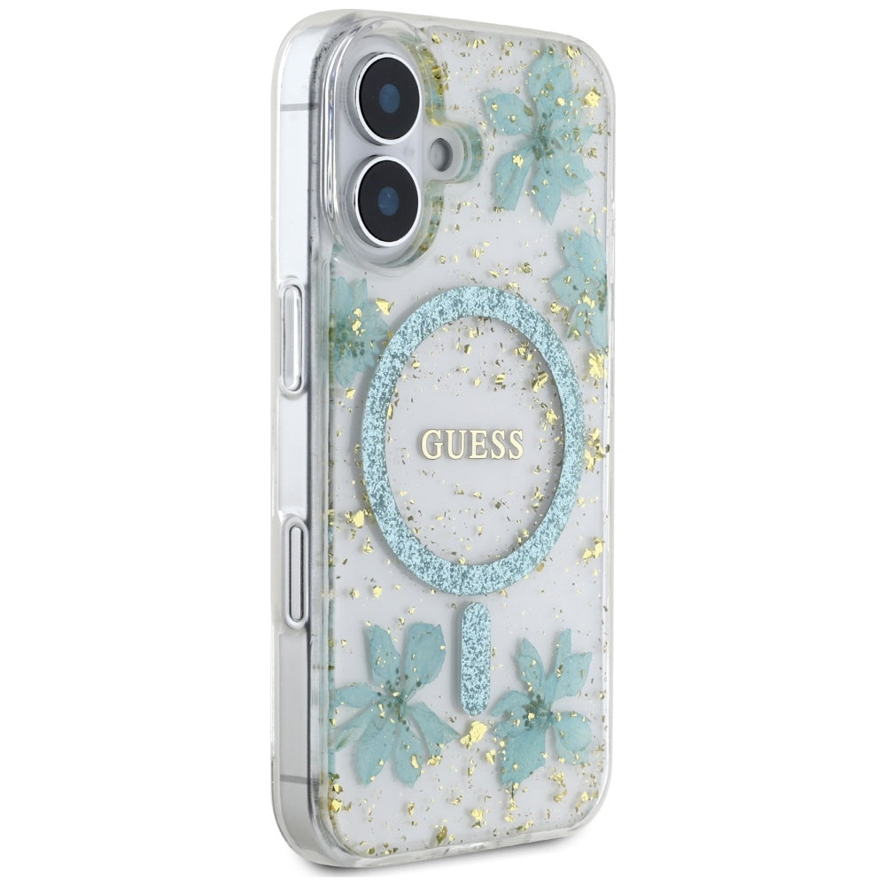 Funda MagSafe para Apple iPhone 16, Guess, Flores de Resina y Purpurina, Turquesa