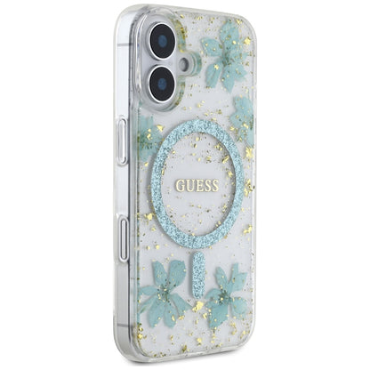 Funda MagSafe para Apple iPhone 16, Guess, Flores de Resina y Purpurina, Turquesa