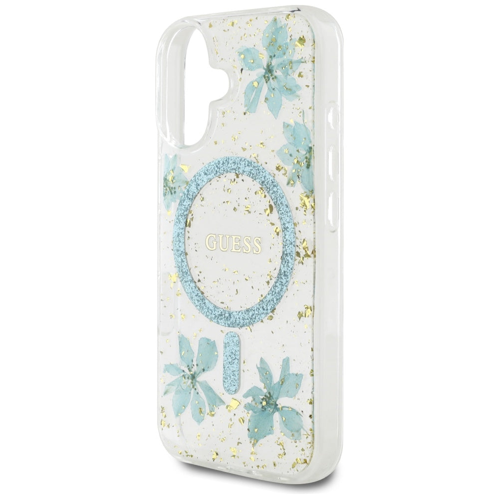 Funda MagSafe para Apple iPhone 16, Guess, Flores de Resina y Purpurina, Turquesa
