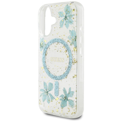 Funda MagSafe para Apple iPhone 16, Guess, Flores de Resina y Purpurina, Turquesa