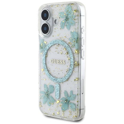 Funda MagSafe para Apple iPhone 16, Guess, Flores de Resina y Purpurina, Turquesa