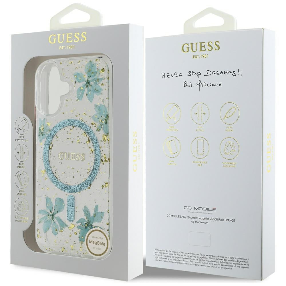 Funda MagSafe para Apple iPhone 16, Guess, Flores de Resina y Purpurina, Turquesa
